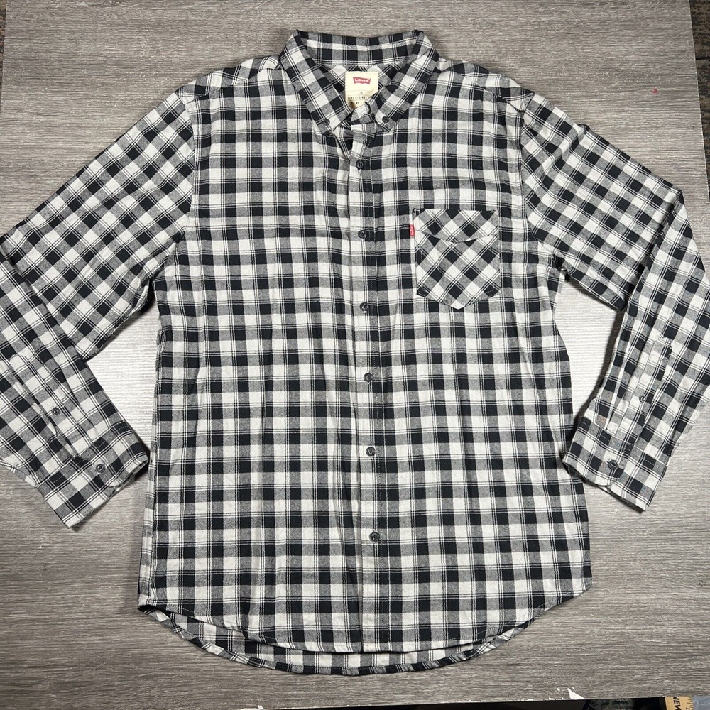 Levi's Men's Black & Gray‎ Plaid Button-Down Shirt Size XL Logo Classic Fit